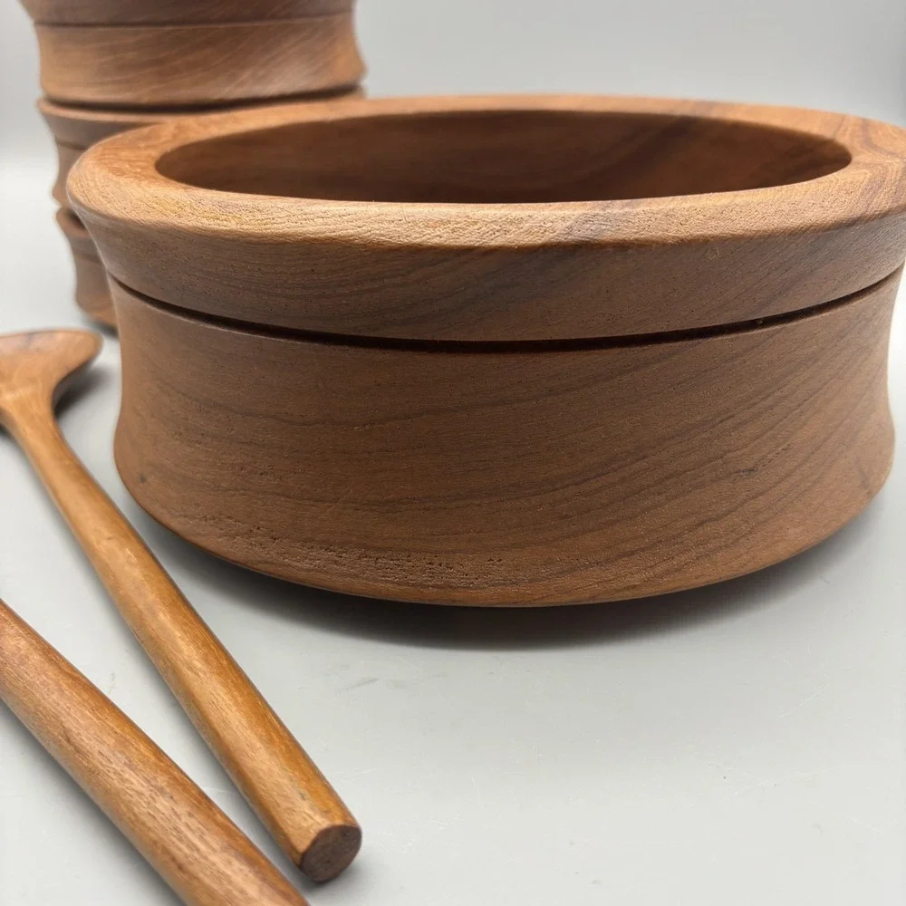 Vintage Genuine Teak Wood 7pc Set From Thailand Salad Bowl & Serving Bowls MCM
